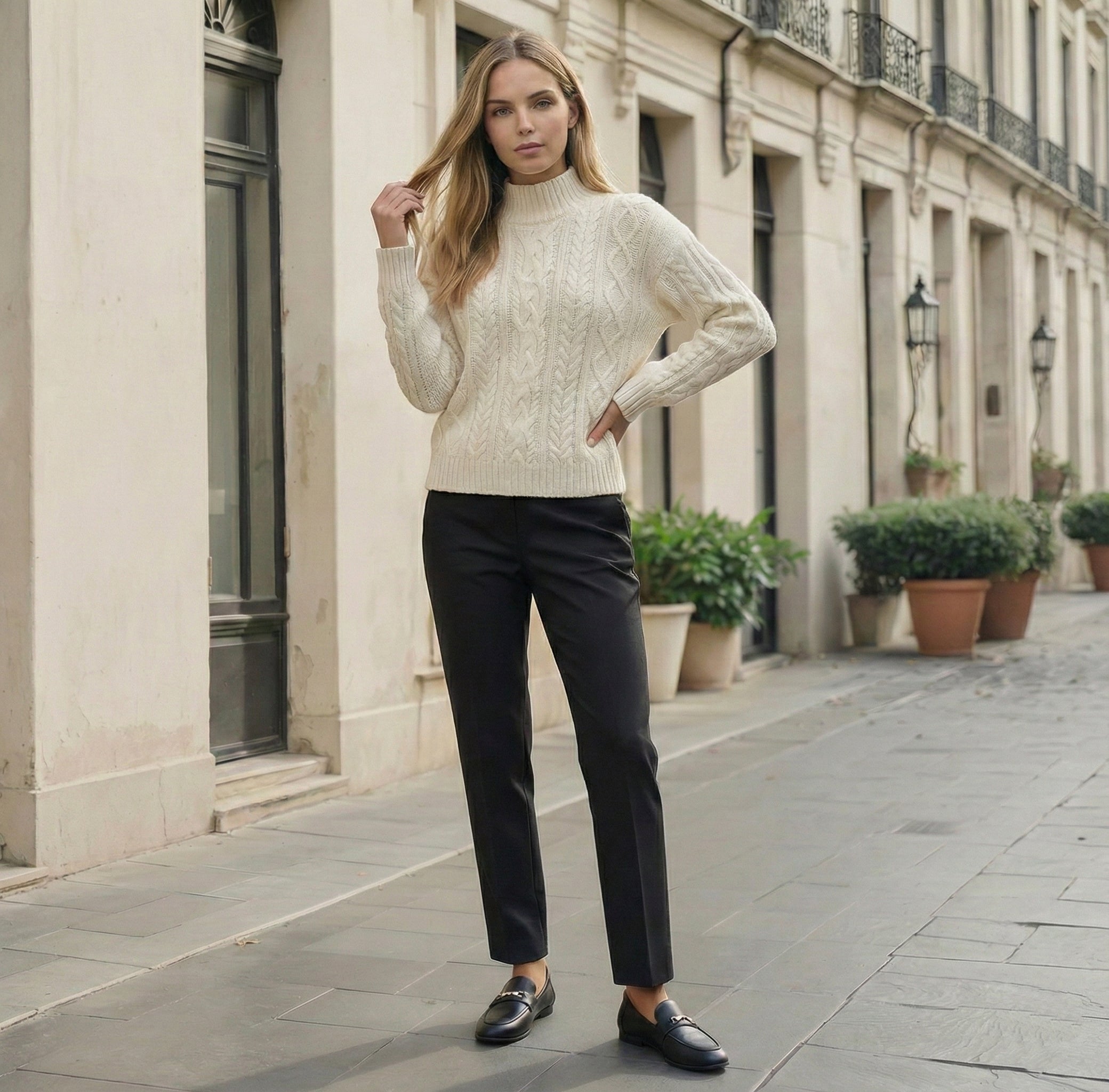 Model wearing the ivory cashmere mock-neck cable-knit pullover with black trousers, front view