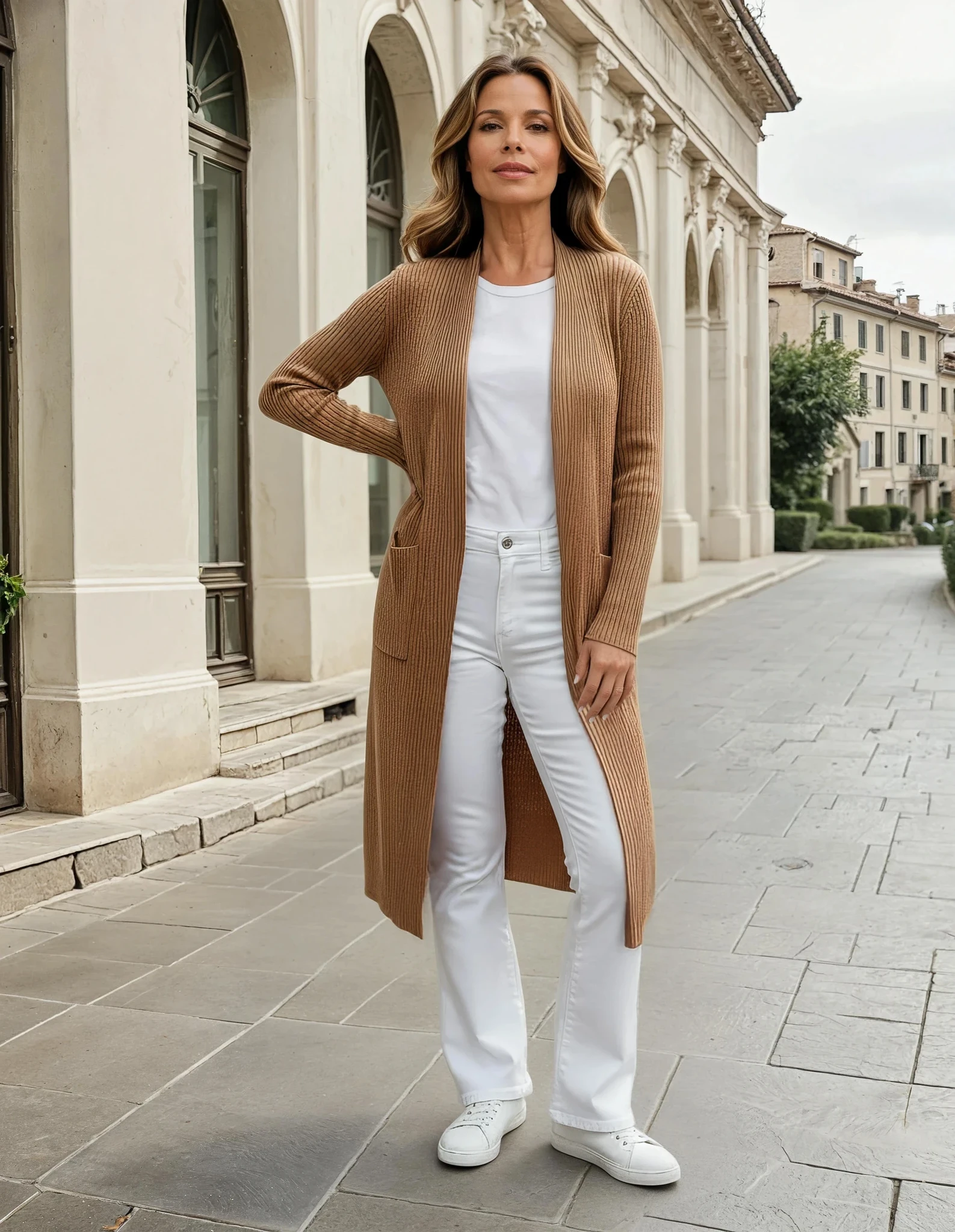 Model wearing the camel cashmere longline ribbed cardigan open over white trousers, with side pockets