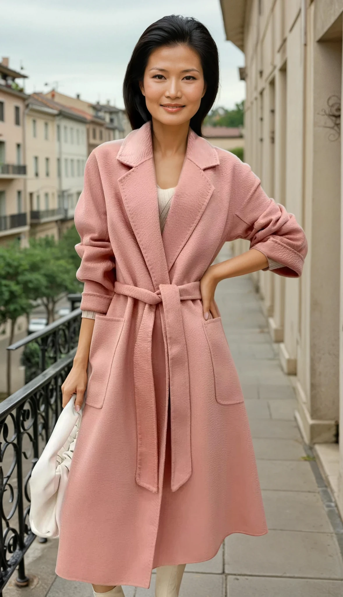 The cashmere cocoon coat in blush pink, belted, with notched lapels and patch pockets