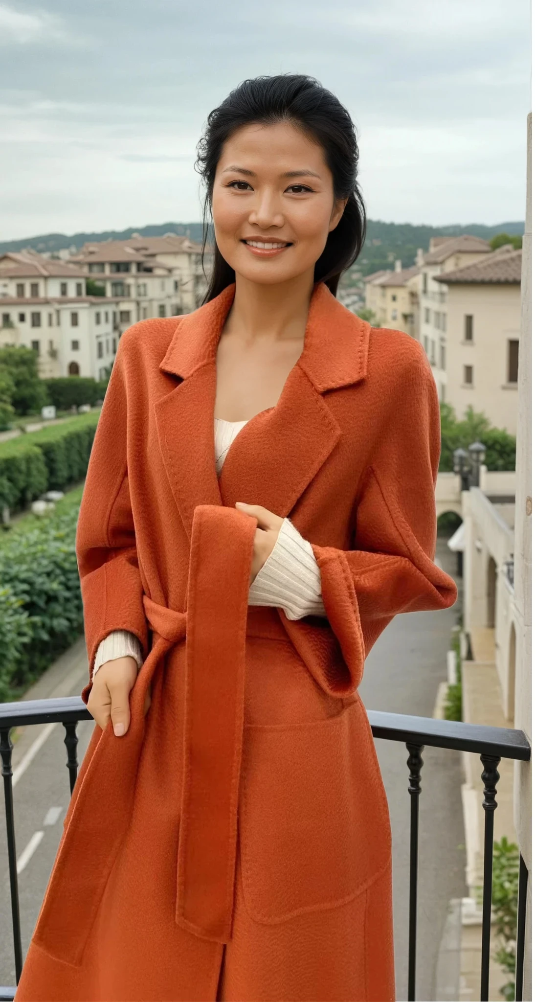 The cashmere cocoon coat in burnt orange, belted, worn over a cream knit