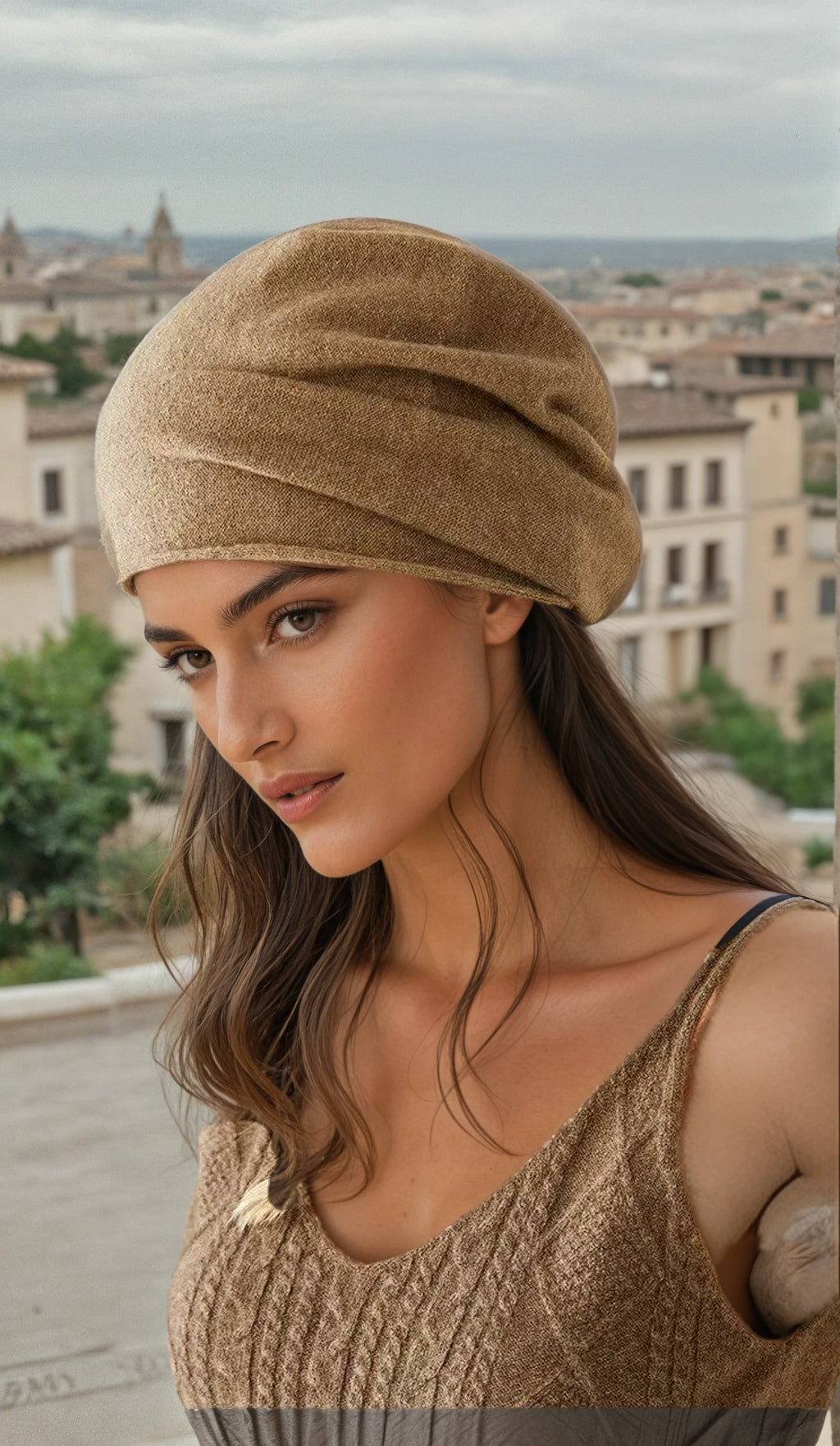 Model wearing the mocha cashmere slouch beanie, relaxed fit with a soft draped crown