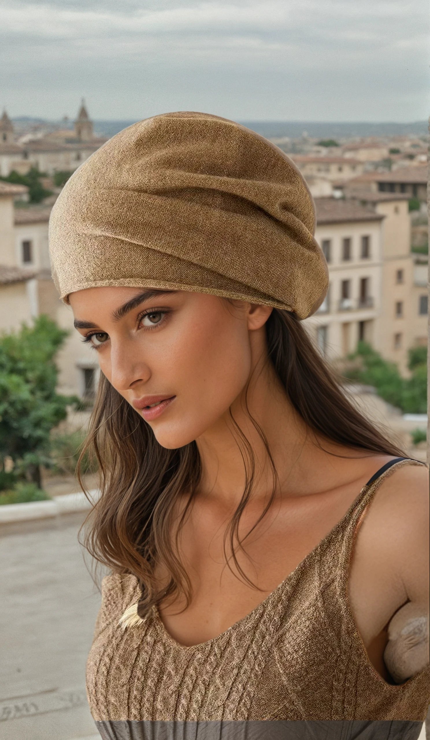 Model wearing the mocha cashmere slouch beanie, relaxed fit with a soft draped crown