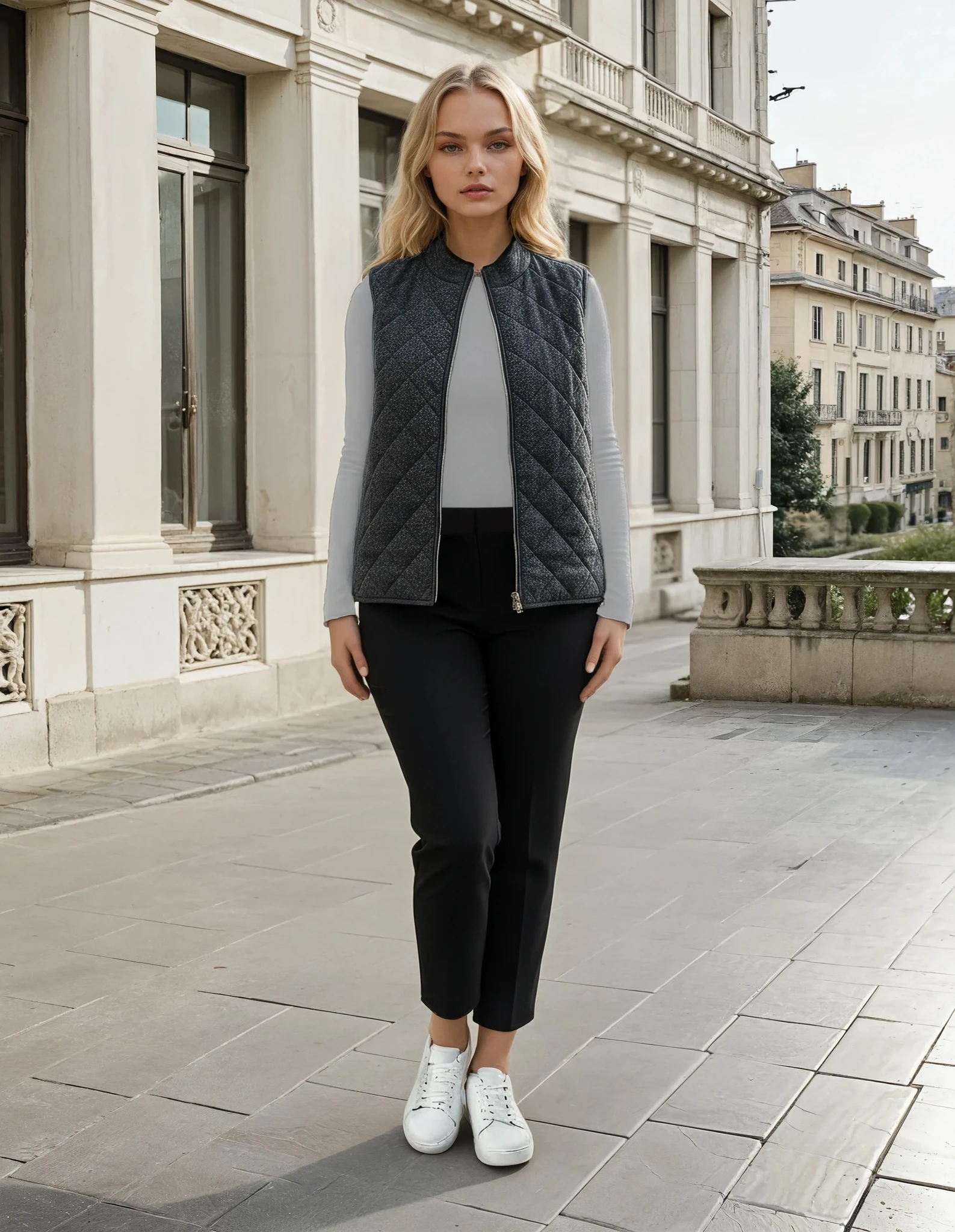 Model wearing the charcoal cashmere diamond-quilted zip vest over a white top, worn open with a high collar
