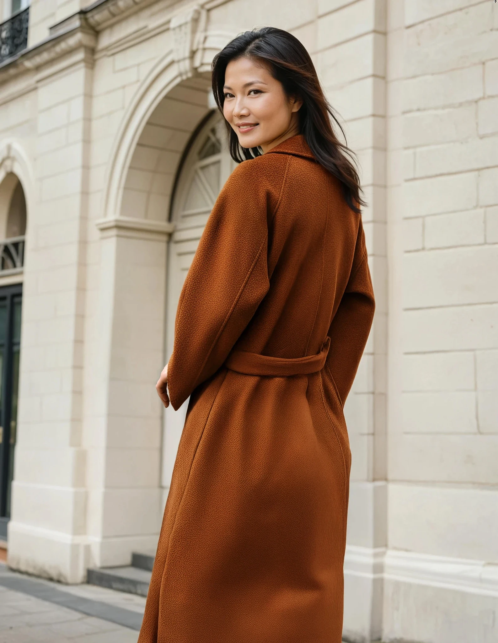 Back view of the caramel cashmere cocoon coat with a tie belt, showing the full length and drape