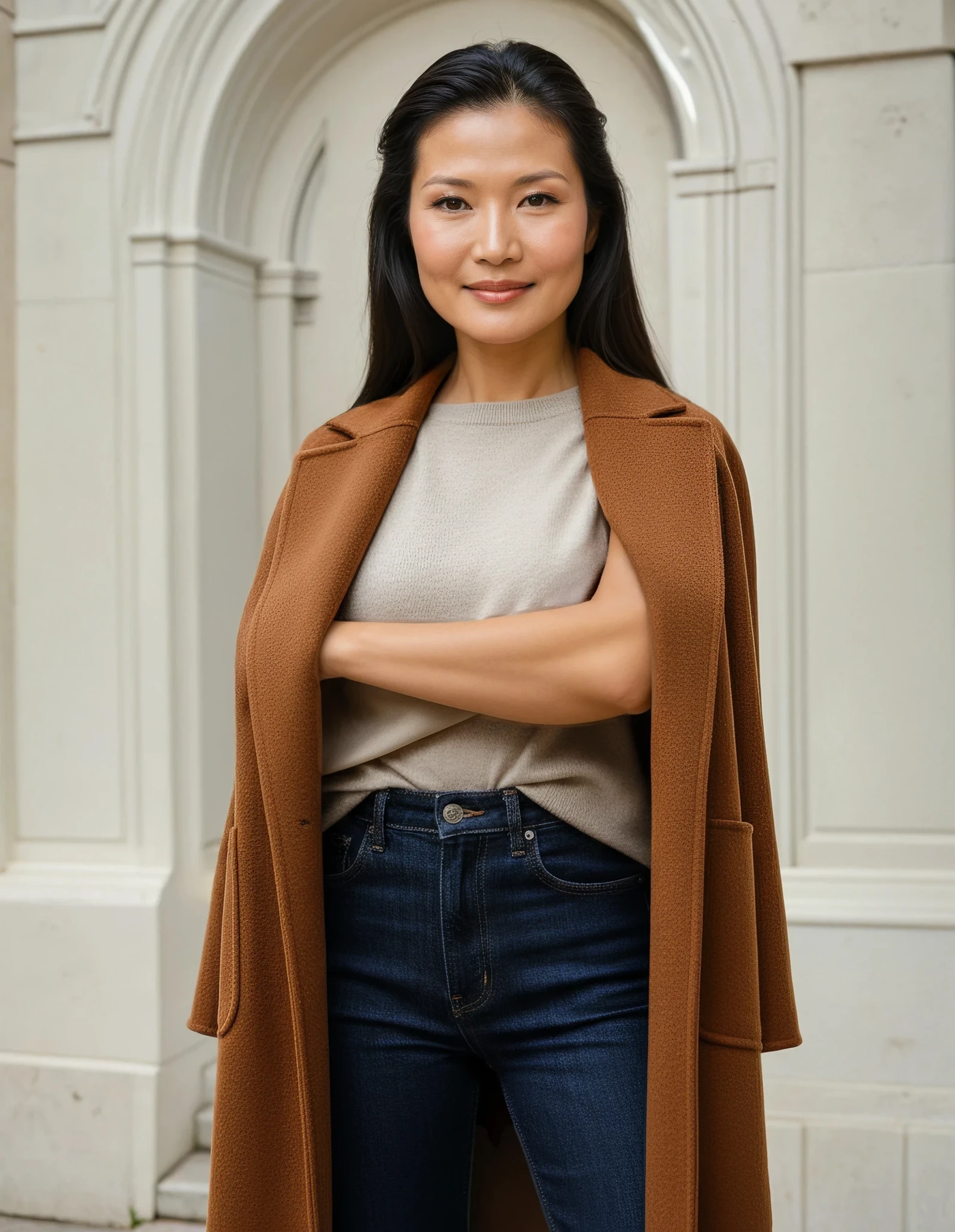 Model wearing the caramel cashmere cocoon coat open over a cream top and jeans, mid-length with deep front pockets